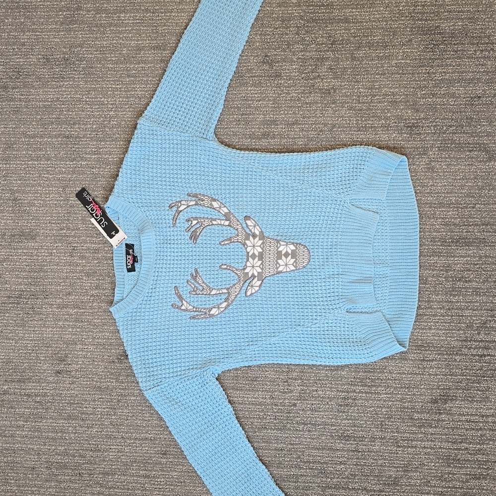 Sugar Rush Girls Light Blue Sweater with Antler Design NWT